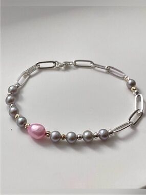 Silver Link Bracelet with Silver Pearls &  Pink Pearl Accent